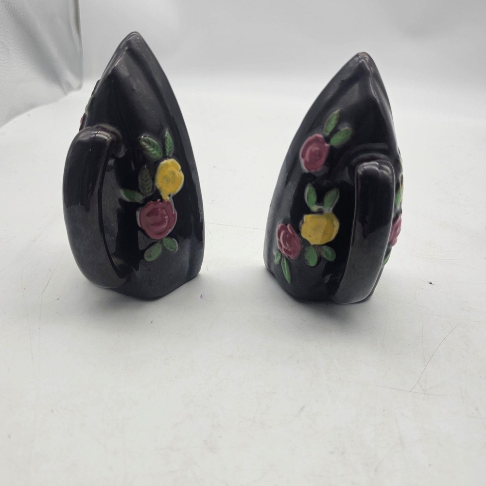 Vintage Black Ceramic Iron Salt & Pepper Shakers Floral Roses Small Set Of 2